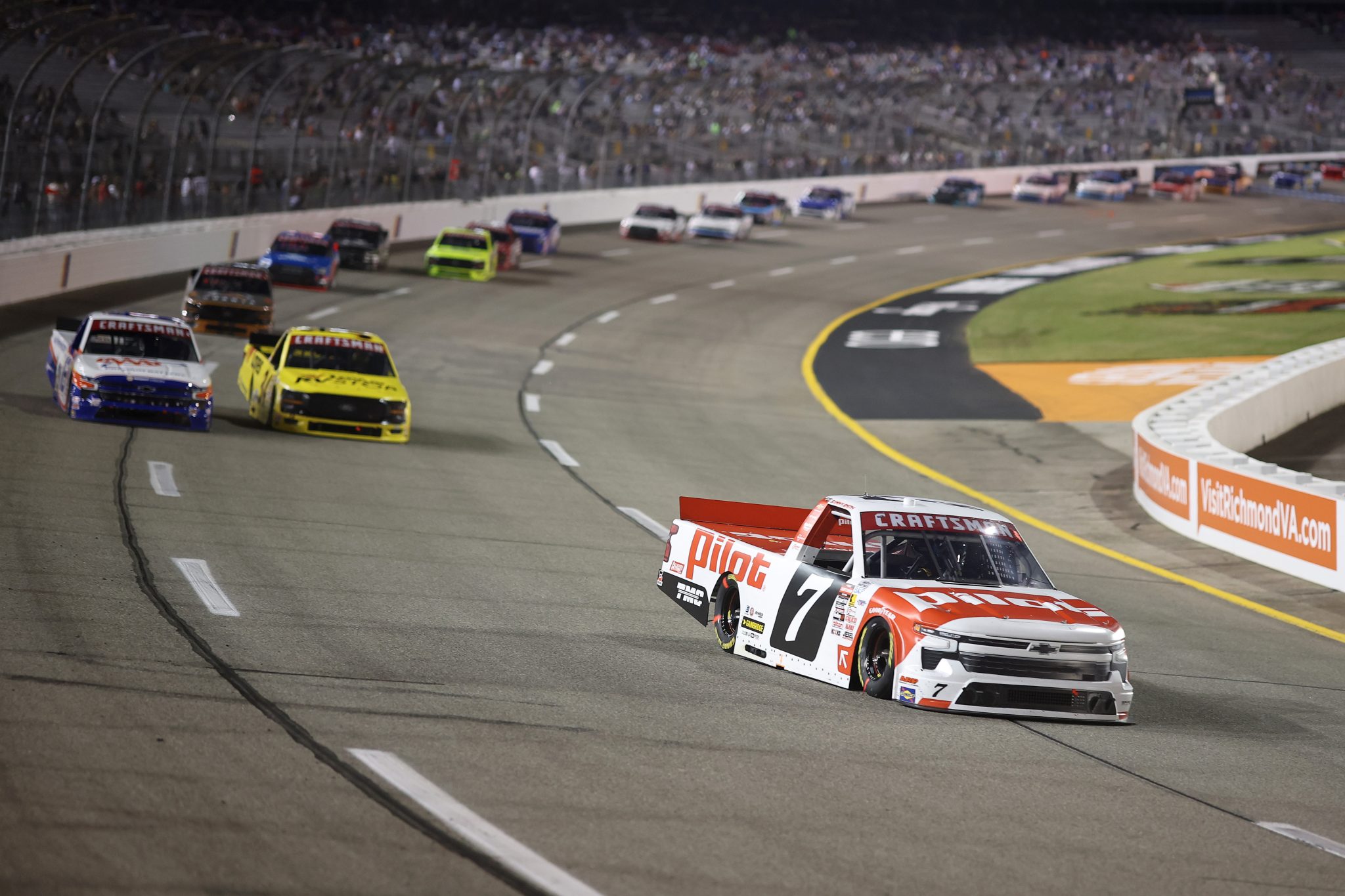 RICHMOND, VIRGINIA - AUGUST 15: Sammy Smith, driver of the #7 Pilot Chevrolet, drives during the NASCAR Craftsman Truck Series eero 250 at Richmond Raceway on August 15, 2025 in Richmond, Virginia. (Photo by Chris Graythen/Getty Images) | Getty Images