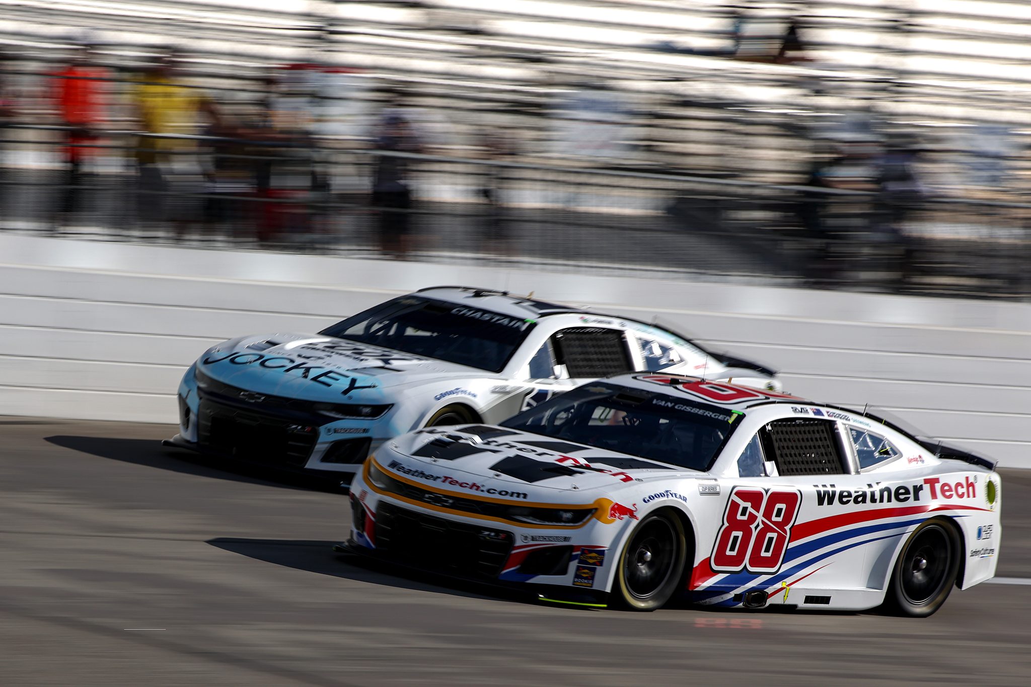 RICHMOND, VIRGINIA - AUGUST 15: Shane Van Gisbergen, driver of the #88 WeatherTech Chevrolet, and Ross Chastain, driver of the #1 Jockey Infinite Cool Underwear Chevrolet, drive during practice for the NASCAR Cup Series Cook Out 400 - Practice at Richmond Raceway on August 15, 2025 in Richmond, Virginia. (Photo by Samuel Corum/Getty Images) | Getty Images