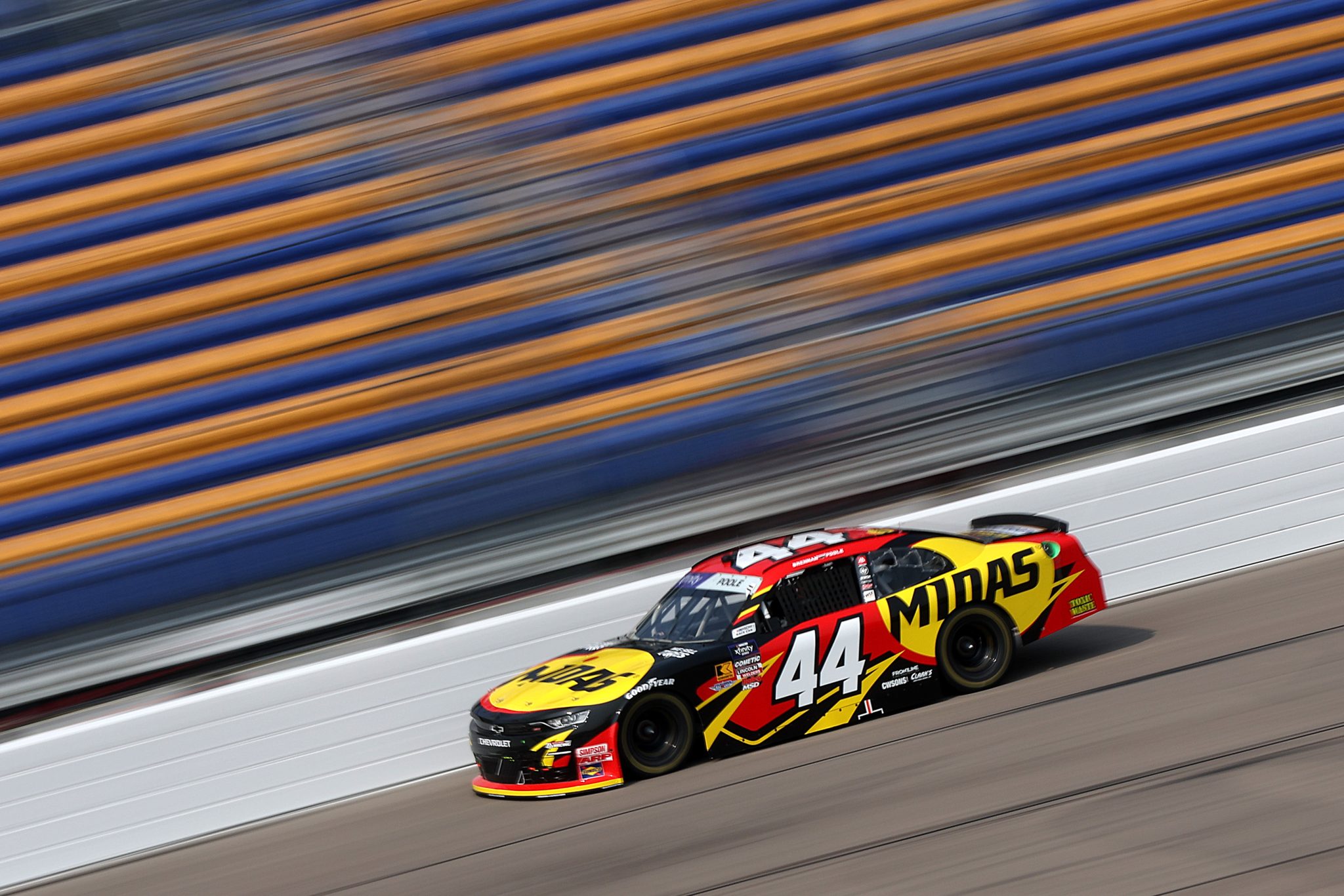 NEWTON, IOWA - AUGUST 02: Brennan Poole, driver of the #44 Midas Chevrolet, drives during practice for the NASCAR Xfinity Series HyVee Perks 250 at Iowa Speedway on August 02, 2025 in Newton, Iowa. (Photo by Meg Oliphant/Getty Images) | Getty Images