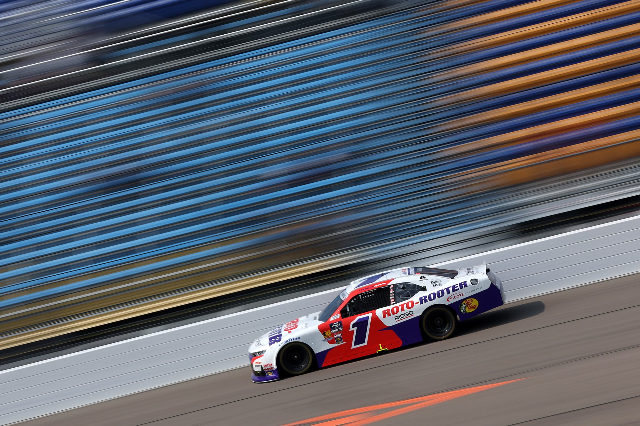 NEWTON, IOWA - AUGUST 02: Carson Kvapil, driver of the #1 Roto-Rooter Chevrolet, drives during qualifying for the NASCAR Xfinity Series HyVee Perks 250 at Iowa Speedway on August 02, 2025 in Newton, Iowa. (Photo by Meg Oliphant/Getty Images) | Getty Images