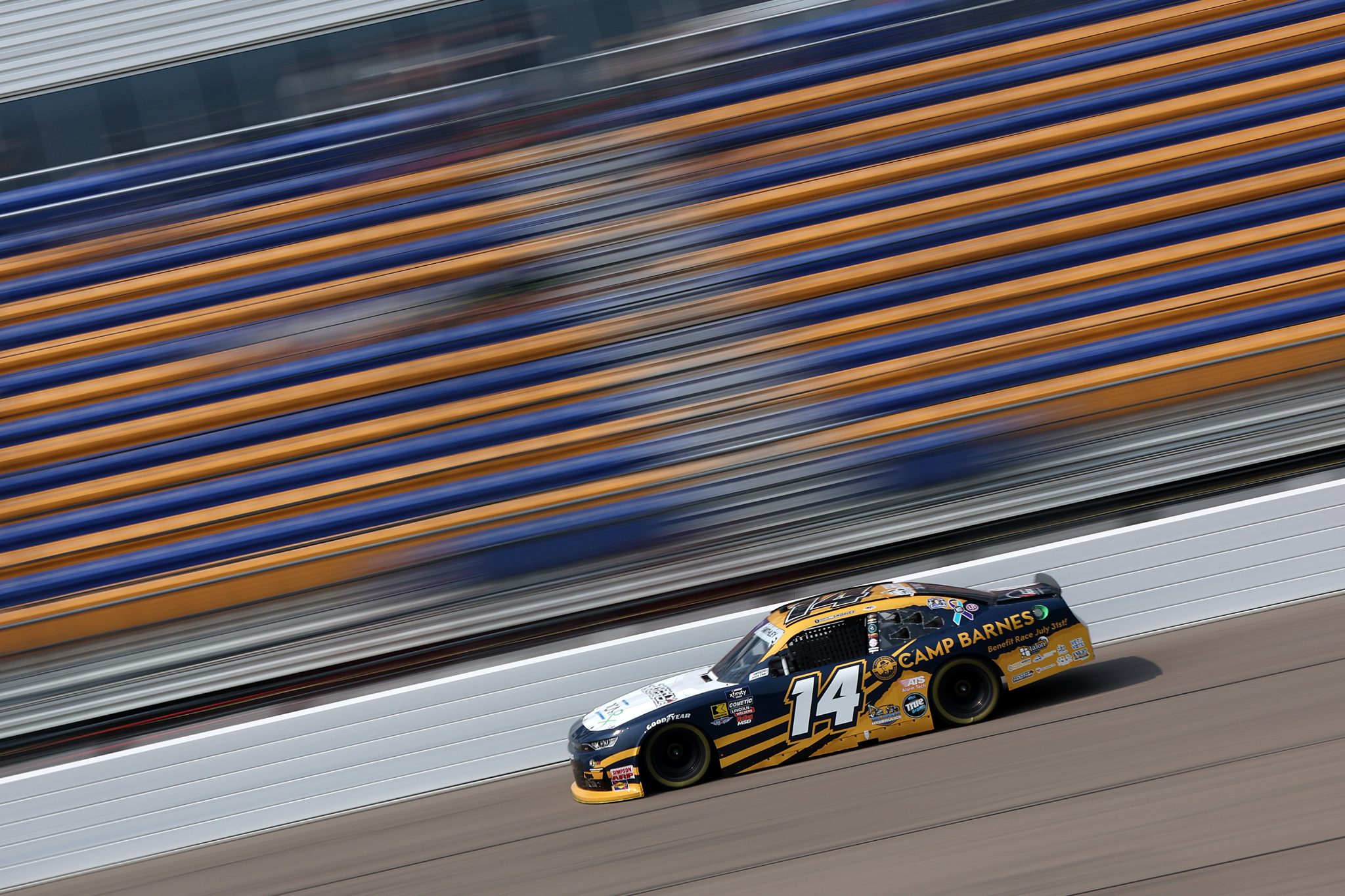 NEWTON, IOWA - AUGUST 02: Garrett Smithley, driver of the #14 Camp Barnes Chevrolet, drives during qualifying for the NASCAR Xfinity Series HyVee Perks 250 at Iowa Speedway on August 02, 2025 in Newton, Iowa. (Photo by Meg Oliphant/Getty Images) | Getty Images
