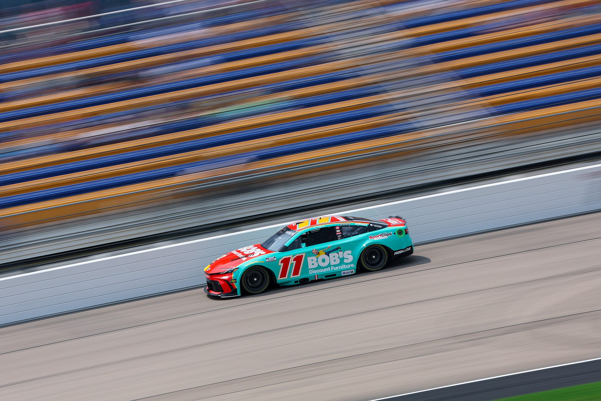 NEWTON, IOWA - AUGUST 02: Denny Hamlin, driver of the #11 Bob's Discount Furniture Toyota, drives during practice for the NASCAR Cup Series Iowa Corn 350 Powered by Ethanol at Iowa Speedway on August 02, 2025 in Newton, Iowa. (Photo by Meg Oliphant/Getty Images) | Getty Images