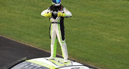 NEWTON, IOWA - AUGUST 02: Sam Mayer, driver of the #41 Audibel Ford, celebrates after winning the NASCAR Xfinity Series HyVee Perks 250 at Iowa Speedway on August 02, 2025 in Newton, Iowa. (Photo by Sean Gardner/Getty Images) | Getty Images