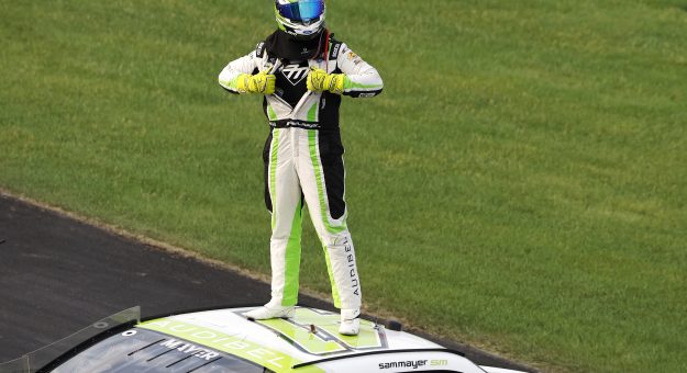 NEWTON, IOWA - AUGUST 02: Sam Mayer, driver of the #41 Audibel Ford, celebrates after winning the NASCAR Xfinity Series HyVee Perks 250 at Iowa Speedway on August 02, 2025 in Newton, Iowa. (Photo by Sean Gardner/Getty Images) | Getty Images