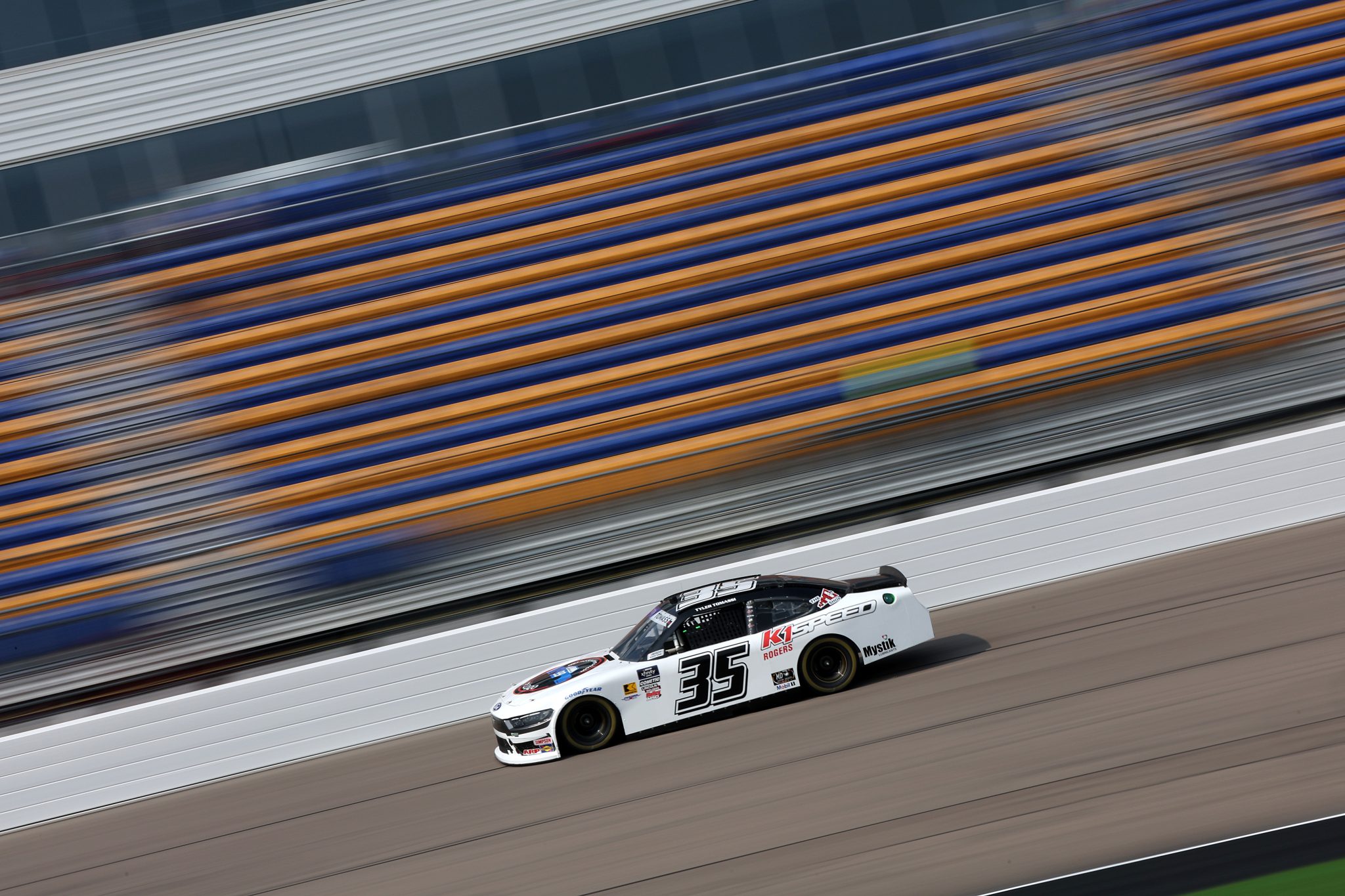 NEWTON, IOWA - AUGUST 02: Tyler Tomassi, driver of the #35 NOS Custom Diecast/K1 Speed Ford, drives during qualifying for the NASCAR Xfinity Series HyVee Perks 250 at Iowa Speedway on August 02, 2025 in Newton, Iowa. (Photo by Meg Oliphant/Getty Images) | Getty Images