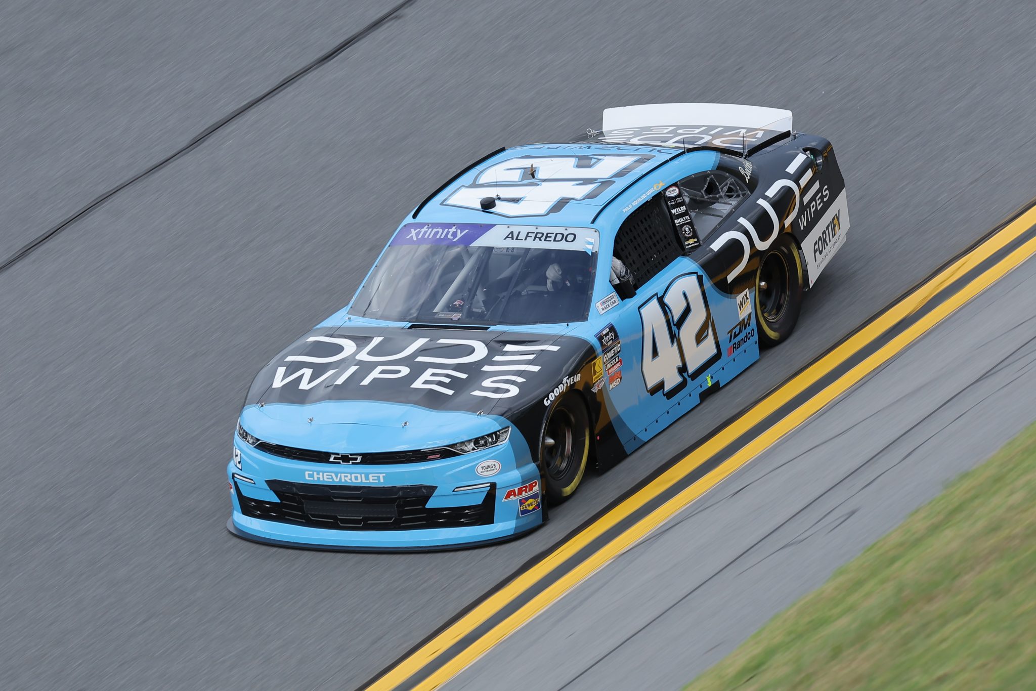 DAYTONA BEACH, FLORIDA - AUGUST 22: Anthony Alfredo, driver of the #42 Dude Wipes Chevrolet, drives during qualifying for the NASCAR Xfinity Series Wawa 250 Powered By Coca-Cola at Daytona International Speedway on August 22, 2025 in Daytona Beach, Florida. (Photo by Jonathan Bachman/Getty Images) | Getty Images