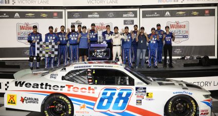 DAYTONA BEACH, FLORIDA - AUGUST 22: Parker Kligerman, driver of the #88 WeatherTech Chevrolet, celebrates in victory lane after winning the NASCAR Xfinity Series Wawa 250 Powered By Coca-Cola at Daytona International Speedway on August 22, 2025 in Daytona Beach, Florida. (Photo by James Gilbert/Getty Images) | Getty Images