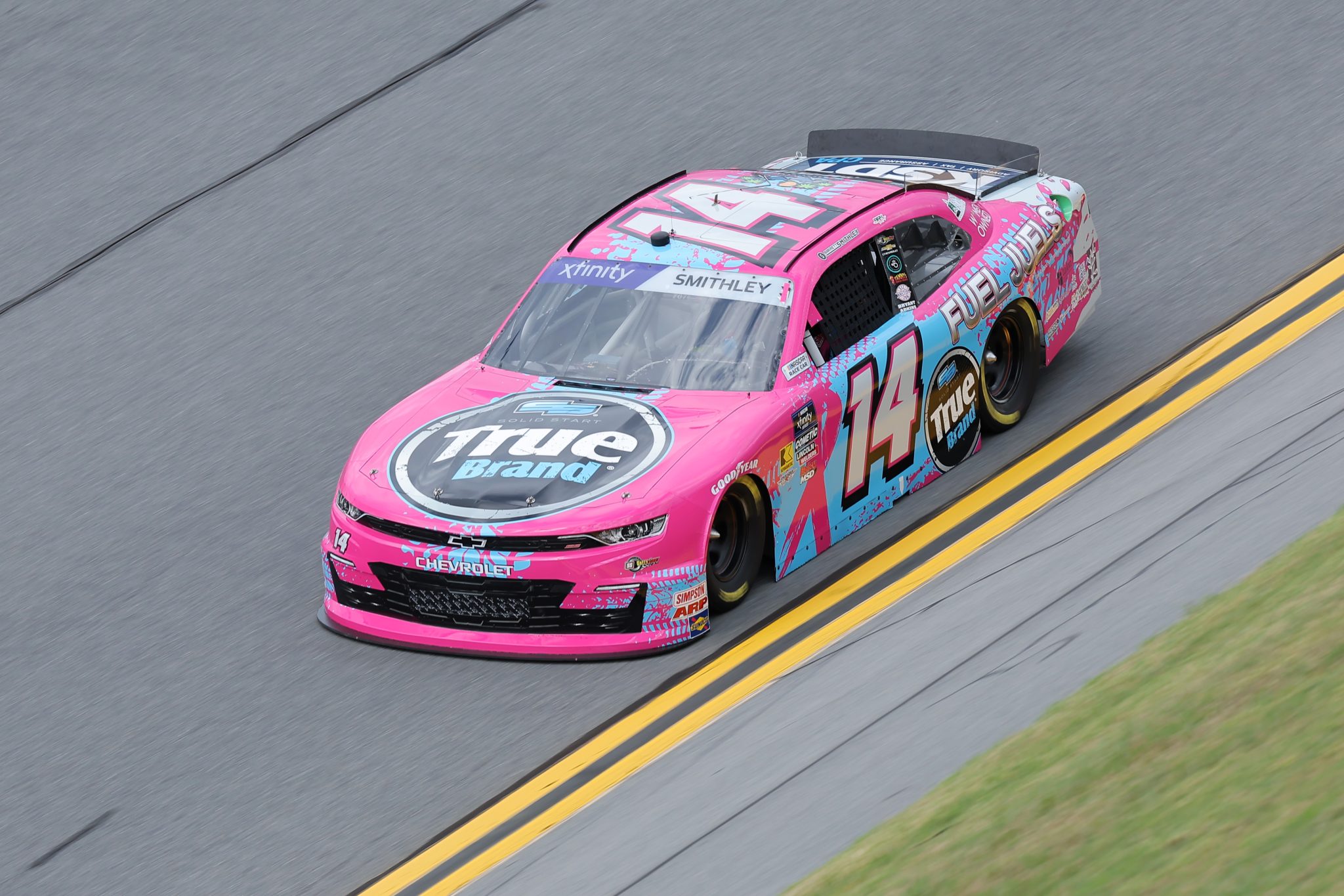 DAYTONA BEACH, FLORIDA - AUGUST 22: Garrett Smithley, driver of the #14 True Brand Chevrolet, drives during qualifying for the NASCAR Xfinity Series Wawa 250 Powered By Coca-Cola at Daytona International Speedway on August 22, 2025 in Daytona Beach, Florida. (Photo by Jonathan Bachman/Getty Images) | Getty Images