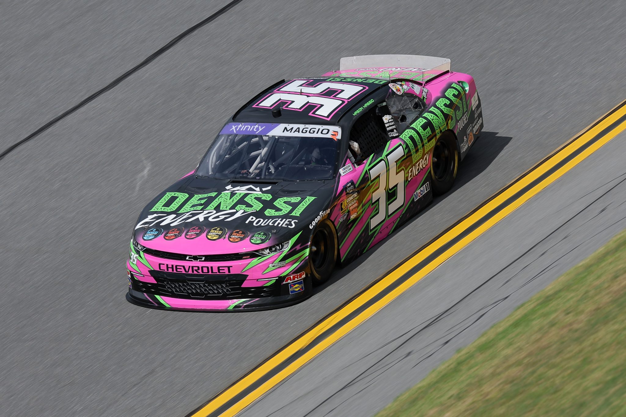 DAYTONA BEACH, FLORIDA - AUGUST 22: Mason Maggio, driver of the #35 Denssi Energy Pouches Chevrolet, drives during qualifying for the NASCAR Xfinity Series Wawa 250 Powered By Coca-Cola at Daytona International Speedway on August 22, 2025 in Daytona Beach, Florida. (Photo by Jonathan Bachman/Getty Images) | Getty Images