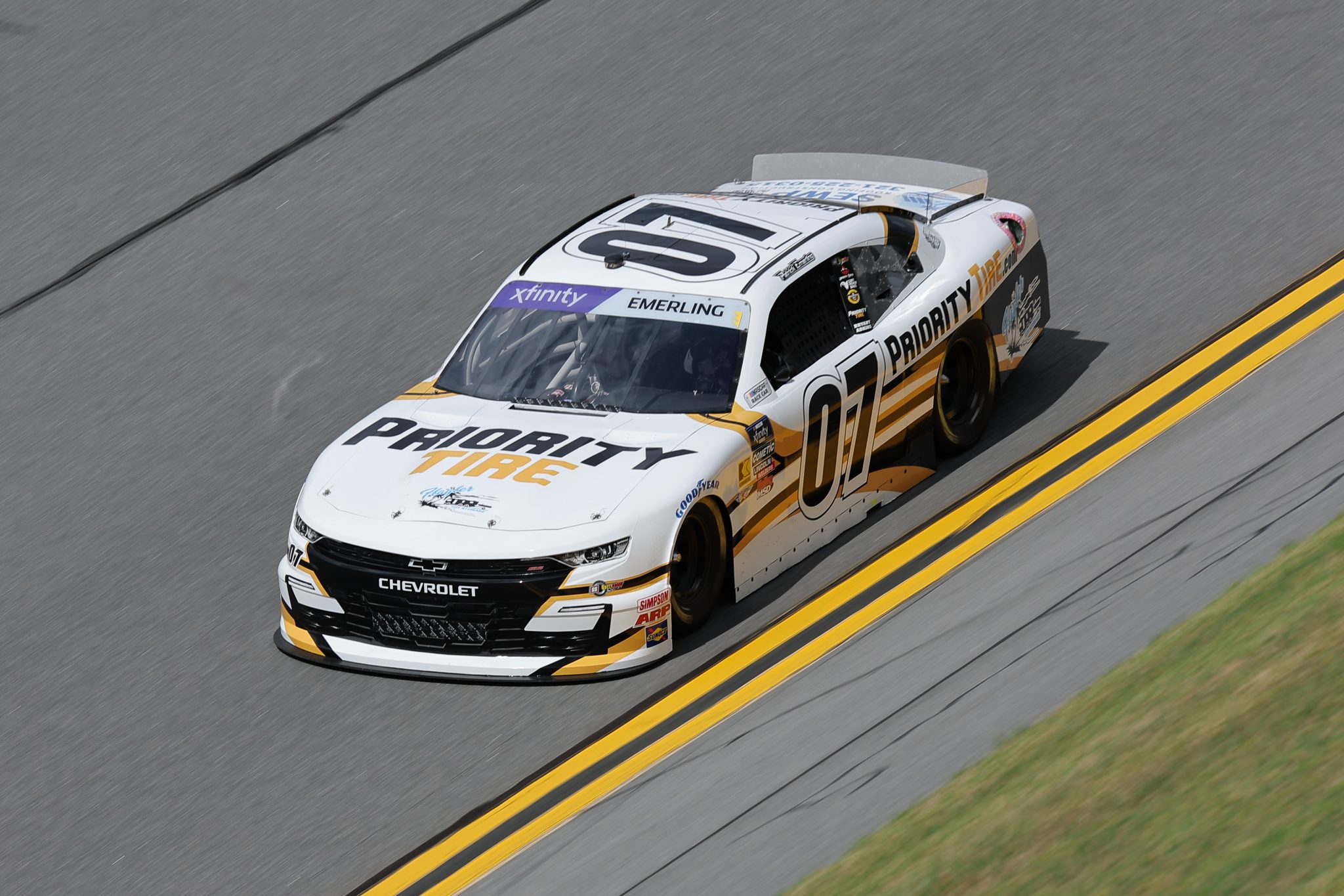 DAYTONA BEACH, FLORIDA - AUGUST 22: Patrick Emerling, driver of the #07 Priority Tire Chevrolet, drives during qualifying for the NASCAR Xfinity Series Wawa 250 Powered By Coca-Cola at Daytona International Speedway on August 22, 2025 in Daytona Beach, Florida. (Photo by Jonathan Bachman/Getty Images) | Getty Images