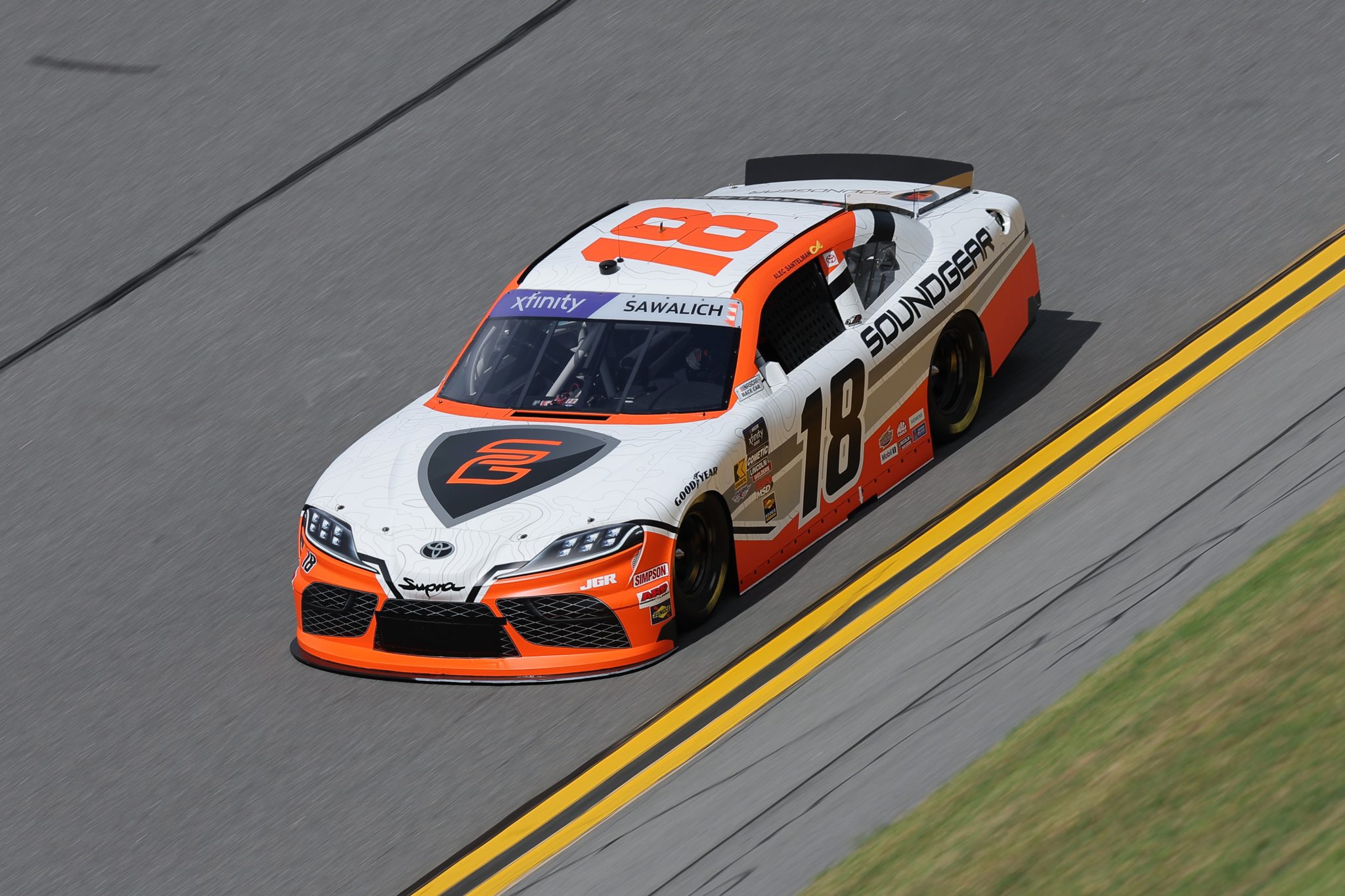 DAYTONA BEACH, FLORIDA - AUGUST 22: William Sawalich, driver of the #18 Soundgear Toyota, drives during qualifying for the NASCAR Xfinity Series Wawa 250 Powered By Coca-Cola at Daytona International Speedway on August 22, 2025 in Daytona Beach, Florida. (Photo by Jonathan Bachman/Getty Images) | Getty Images