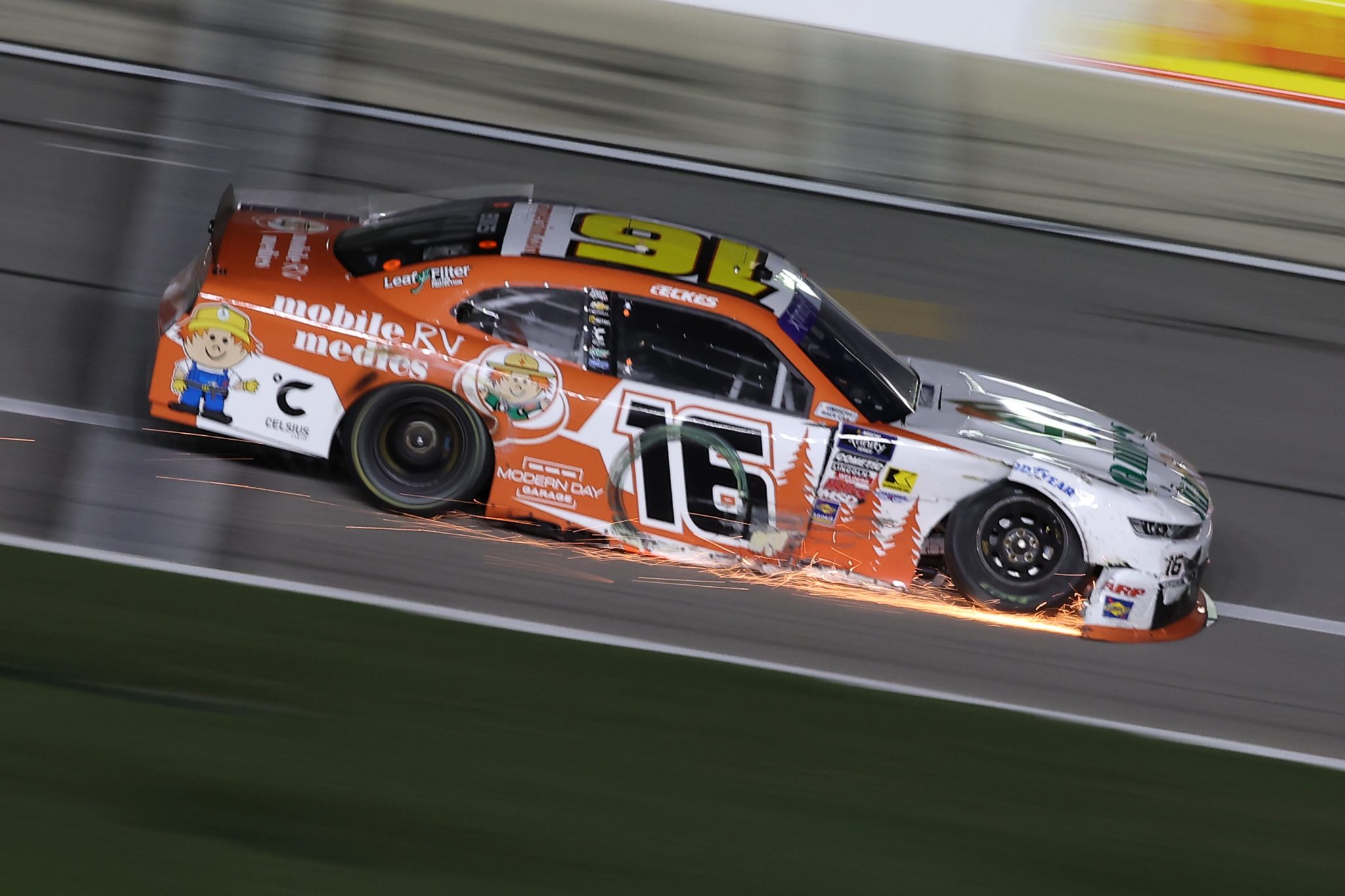 DAYTONA BEACH, FLORIDA - AUGUST 22: Christian Eckes, driver of the #16 Campers Inn RV Mobile Medic Chevrolet, drives on pit road after suffering damage in a multi-car incident during the NASCAR Xfinity Series Wawa 250 Powered By Coca-Cola at Daytona International Speedway on August 22, 2025 in Daytona Beach, Florida. (Photo by Jonathan Bachman/Getty Images) | Getty Images