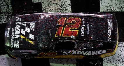 DAYTONA BEACH, FLORIDA - AUGUST 23: The #12 Advance Auto Parts Ford, driven by Ryan Blaney, is seen covered in confetti in victory lane after winning the NASCAR Cup Series Coke Zero Sugar 400 at Daytona International Speedway on August 23, 2025 in Daytona Beach, Florida. (Photo by Chris Graythen/Getty Images) | Getty Images