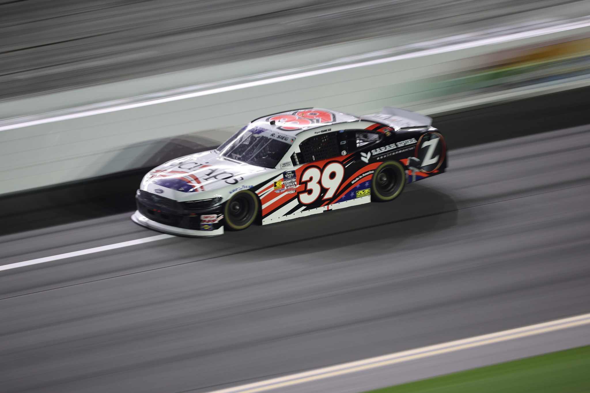 DAYTONA BEACH, FLORIDA - AUGUST 22: Ryan Sieg, driver of the #39 Sci Aps Ford, races during the NASCAR Xfinity Series Wawa 250 Powered By Coca-Cola at Daytona International Speedway on August 22, 2025 in Daytona Beach, Florida. (Photo by James Gilbert/Getty Images) | Getty Images