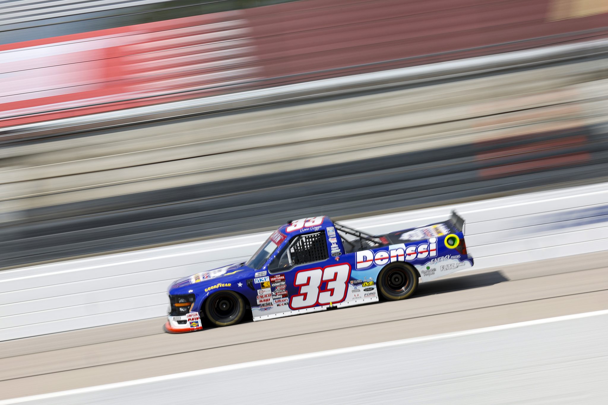DARLINGTON, SOUTH CAROLINA - AUGUST 29: Mason Maggio, driver of the #33 Denssi Energy Pouches Ford, drives during practice for the NASCAR Craftsman Truck Series Sober or Slammer 200 at Darlington Raceway on August 29, 2025 in Darlington, South Carolina. (Photo by Logan Riely/Getty Images) | Getty Images