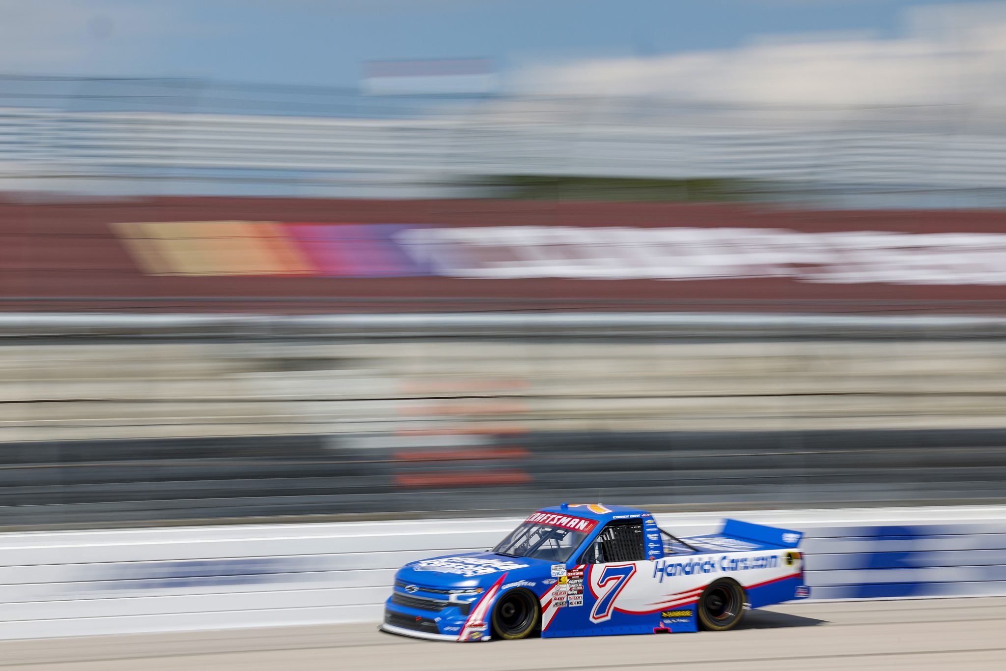 DARLINGTON, SOUTH CAROLINA - AUGUST 29: Corey Day, driver of the #7 HendrickCars.com Chevrolet, drives during practice for the NASCAR Craftsman Truck Series Sober or Slammer 200 at Darlington Raceway on August 29, 2025 in Darlington, South Carolina. (Photo by Logan Riely/Getty Images) | Getty Images