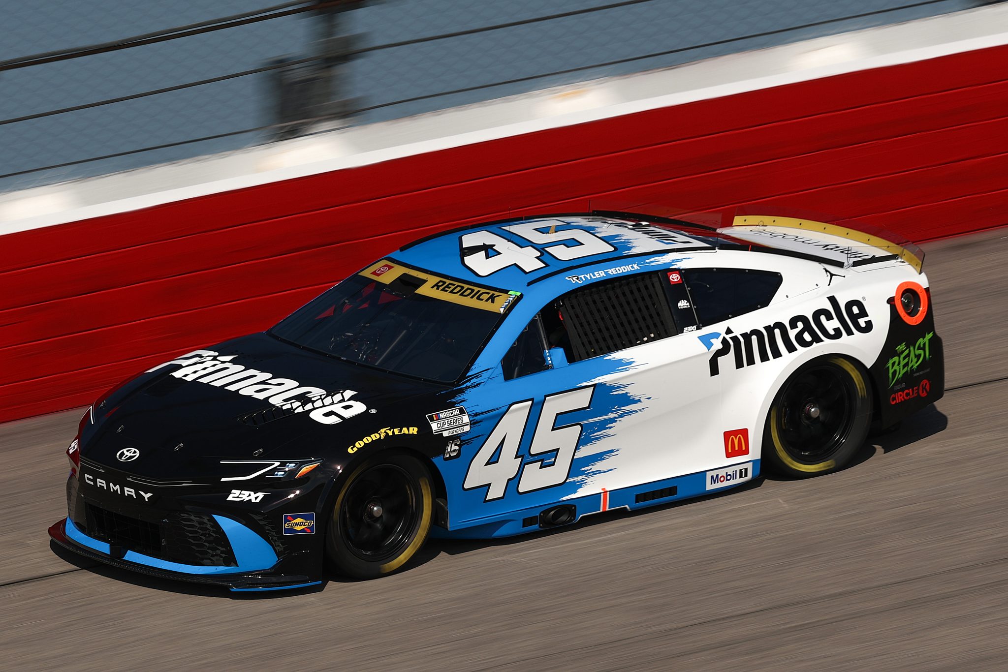 DARLINGTON, SOUTH CAROLINA - AUGUST 30: Tyler Reddick, driver of the #45 Pinnacle Toyota, drives during practice for the NASCAR Cup Series Cook Out Southern 500 at Darlington Raceway on August 30, 2025 in Darlington, South Carolina. (Photo by Jared C. Tilton/Getty Images) | Getty Images