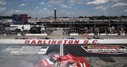 DARLINGTON, SOUTH CAROLINA - AUGUST 30: Corey Heim, driver of the #11 Safelite Toyota, celebrates with a burnout after winning during the NASCAR Craftsman Truck Series Sober or Slammer 200 at Darlington Raceway on August 30, 2025 in Darlington, South Carolina. (Photo by Jared C. Tilton/Getty Images) | Getty Images