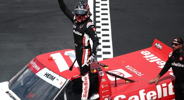 DARLINGTON, SOUTH CAROLINA - AUGUST 30: Corey Heim, driver of the #11 Safelite Toyota, celebrates after winning the NASCAR Craftsman Truck Series Sober or Slammer 200 at Darlington Raceway on August 30, 2025 in Darlington, South Carolina. (Photo by Jared C. Tilton/Getty Images) | Getty Images