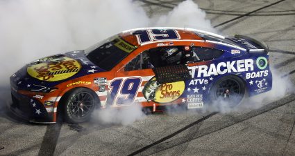 DARLINGTON, SOUTH CAROLINA - AUGUST 31: Chase Briscoe, driver of the #19 Bass Pro Shops Toyota, celebrates with a burnout after winning the NASCAR Cup Series Cook Out Southern 500 at Darlington Raceway on August 31, 2025 in Darlington, South Carolina. (Photo by Logan Riely/Getty Images) | Getty Images