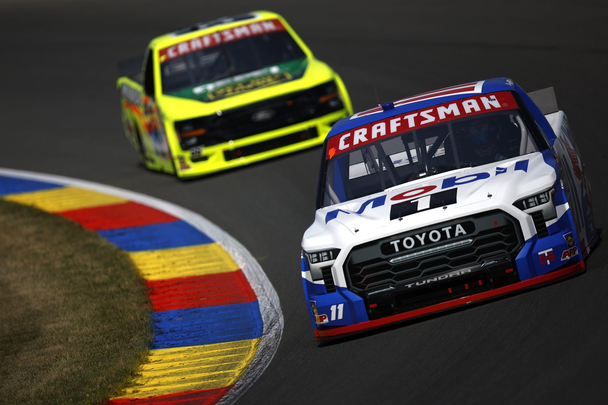 WATKINS GLEN, NEW YORK - AUGUST 08: Corey Heim, driver of the #11 Mobil 1 Toyota, drives during practice for the NASCAR Craftsman Truck Series Mission 176 at The Glen at Watkins Glen International on August 08, 2025 in Watkins Glen, New York. (Photo by Sean Gardner/Getty Images) | Getty Images