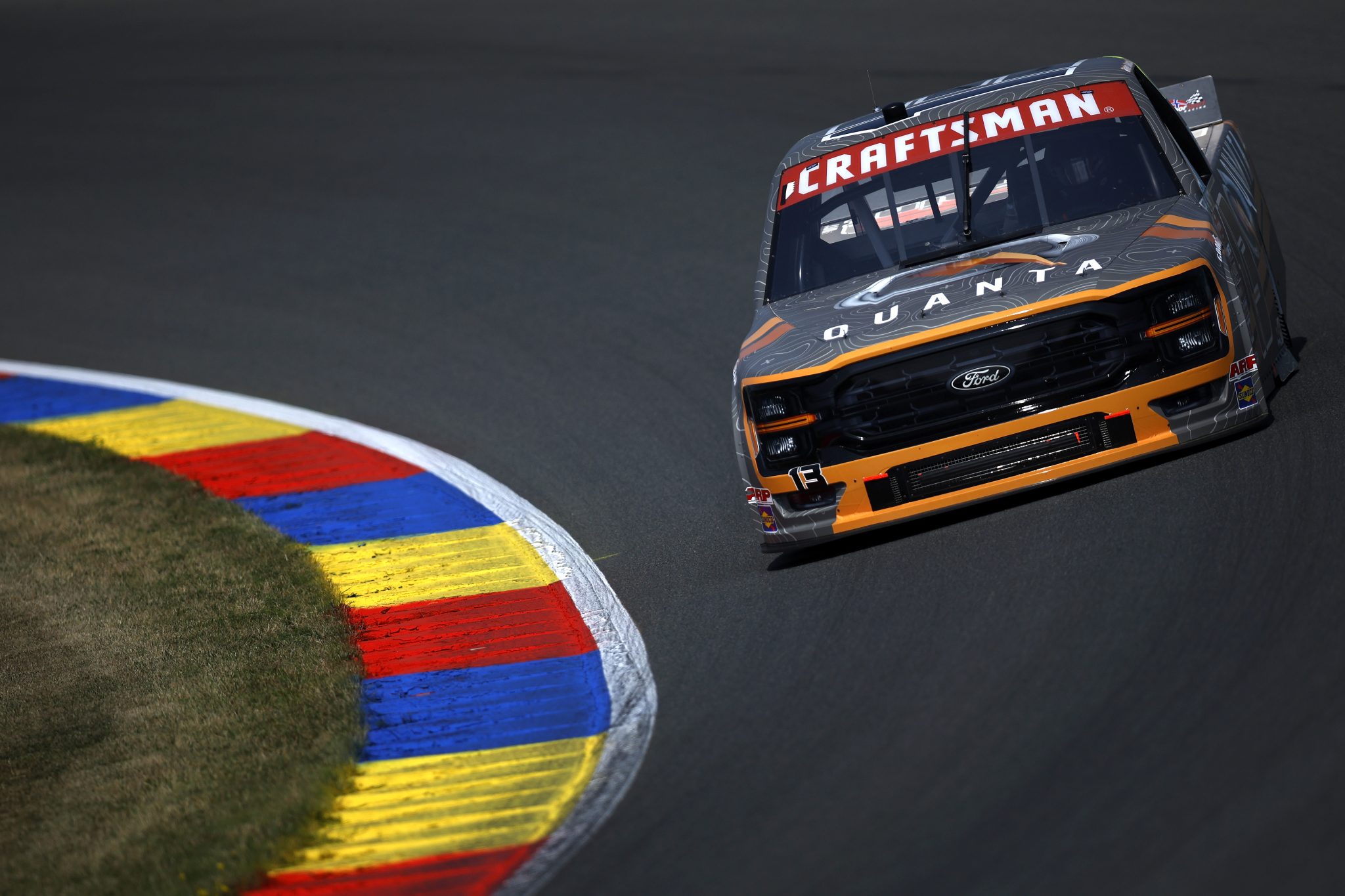 WATKINS GLEN, NEW YORK - AUGUST 08: Jake Garcia, driver of the #13 Quanta Services Ford, drives during practice for the NASCAR Craftsman Truck Series Mission 176 at The Glen at Watkins Glen International on August 08, 2025 in Watkins Glen, New York. (Photo by Sean Gardner/Getty Images) | Getty Images