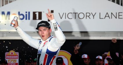 WATKINS GLEN, NEW YORK - AUGUST 08: Corey Heim, driver of the #11 Mobil 1 Toyota, celebrates in victory lane after winning  the NASCAR Craftsman Truck Series Mission 176 at The Glen at Watkins Glen International on August 08, 2025 in Watkins Glen, New York. (Photo by Chris Graythen/Getty Images) | Getty Images