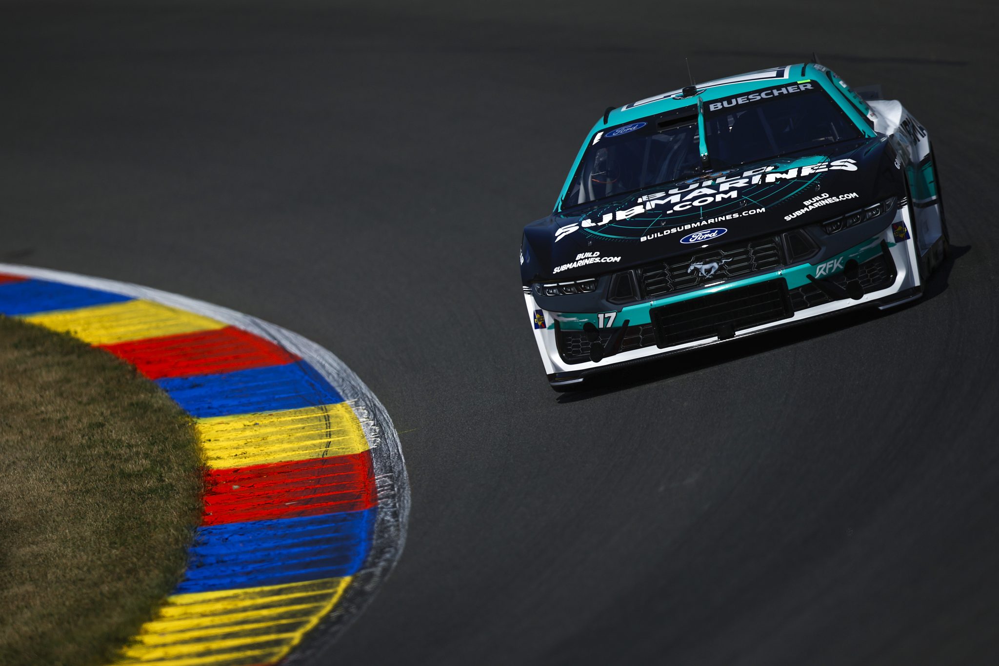 WATKINS GLEN, NEW YORK - AUGUST 09: Chris Buescher, driver of the #17 BuildSubmarines.com Ford, drives during practice for the NASCAR Cup Series Go Bowling at The Glen at Watkins Glen International on August 09, 2025 in Watkins Glen, New York. (Photo by Sean Gardner/Getty Images) | Getty Images