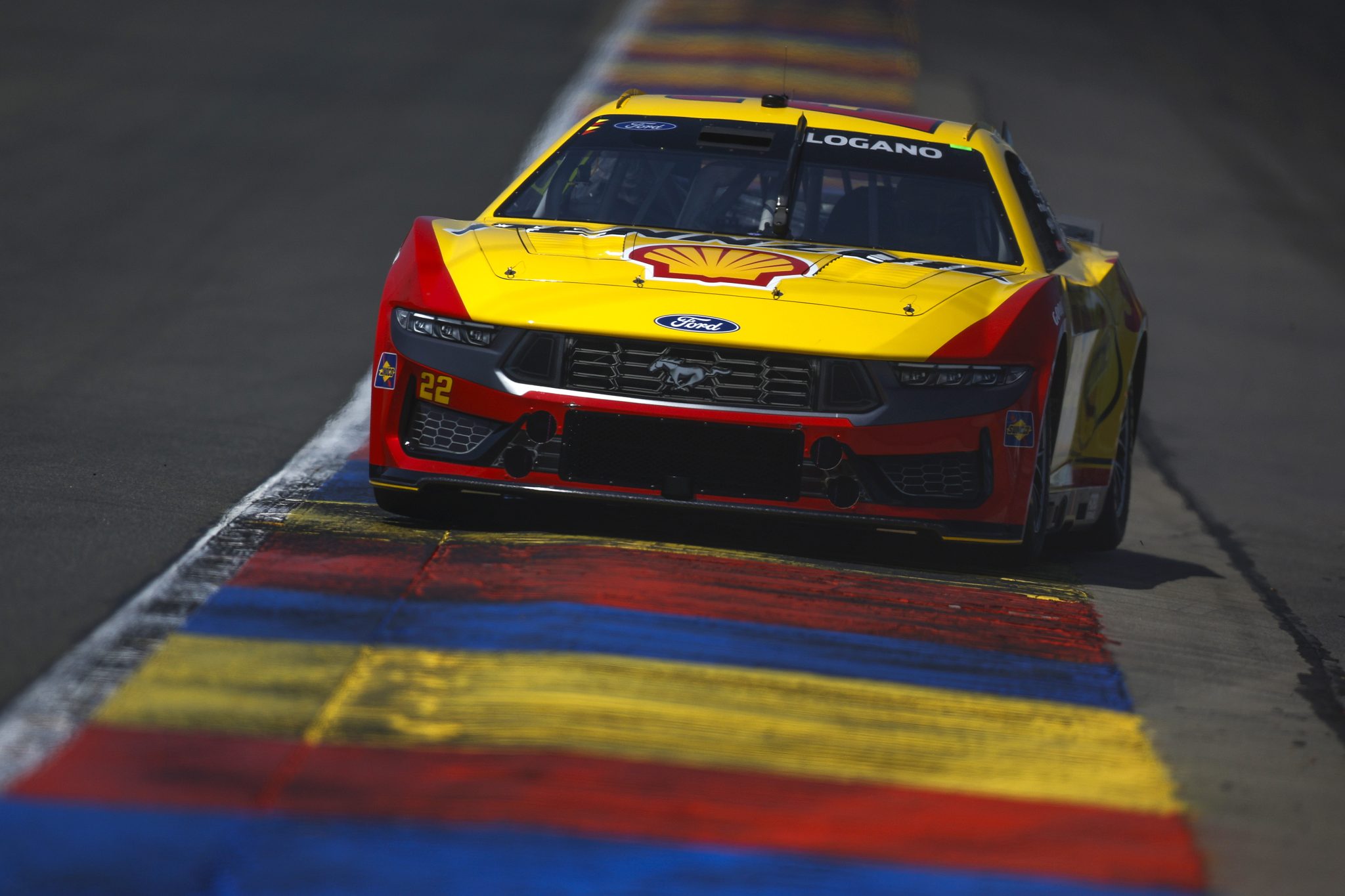 WATKINS GLEN, NEW YORK - AUGUST 09: Joey Logano, driver of the #22 Shell Pennzoil Ford, drives during practice for the NASCAR Cup Series Go Bowling at The Glen at Watkins Glen International on August 09, 2025 in Watkins Glen, New York. (Photo by Sean Gardner/Getty Images) | Getty Images