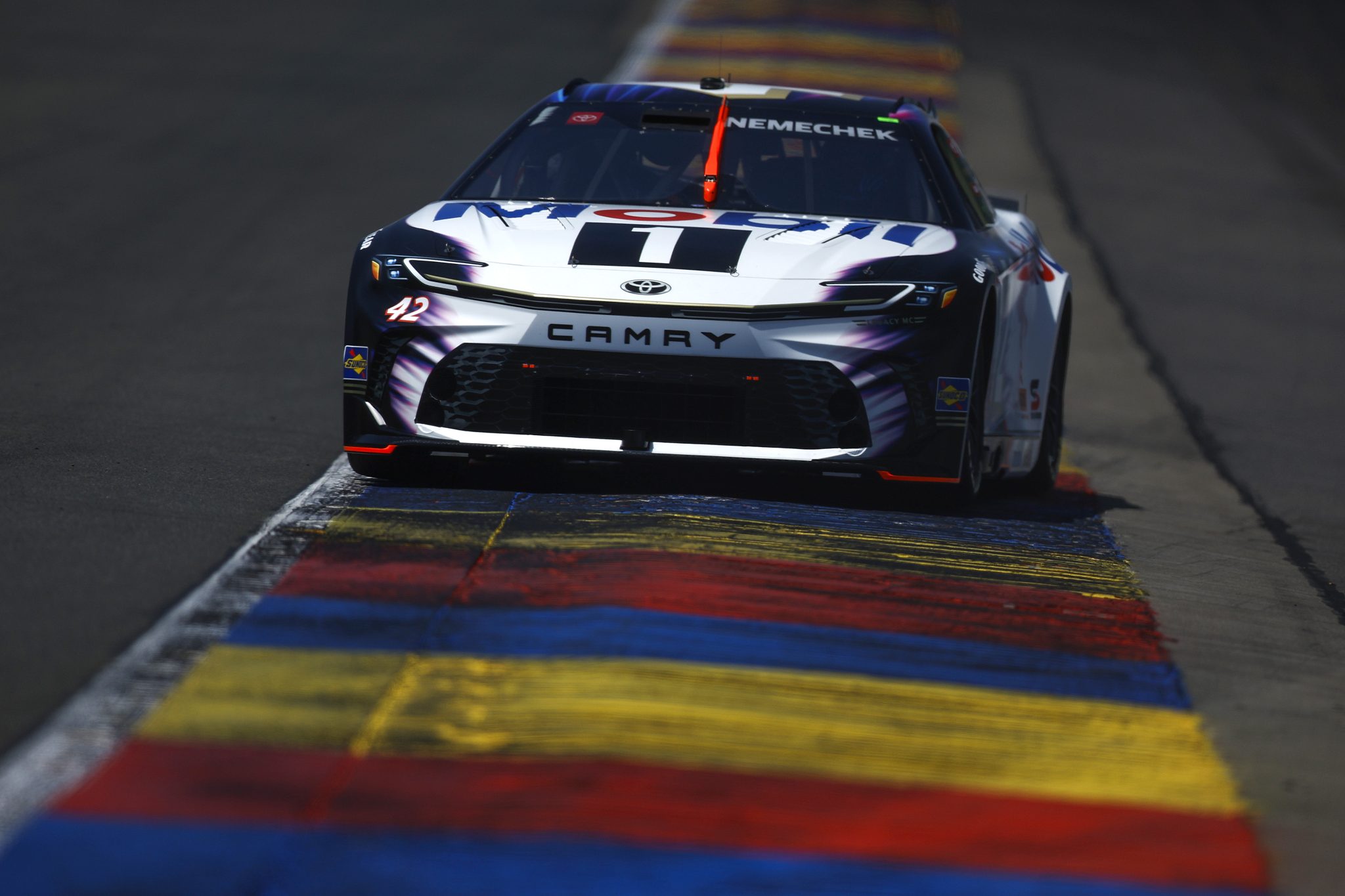 WATKINS GLEN, NEW YORK - AUGUST 09: John Hunter Nemechek, driver of the #42 Mobil 1 Toyota, drives during practice for the NASCAR Cup Series Go Bowling at The Glen at Watkins Glen International on August 09, 2025 in Watkins Glen, New York. (Photo by Sean Gardner/Getty Images) | Getty Images