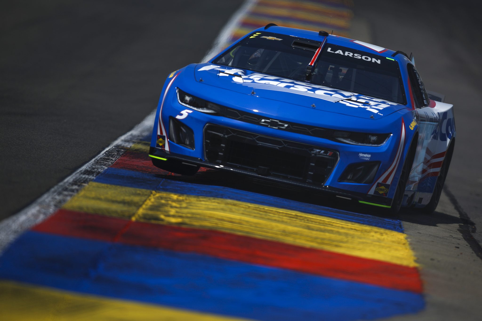 WATKINS GLEN, NEW YORK - AUGUST 09: Kyle Larson, driver of the #5 HendrickCars.com Chevrolet, drives during practice for the NASCAR Cup Series Go Bowling at The Glen at Watkins Glen International on August 09, 2025 in Watkins Glen, New York. (Photo by Sean Gardner/Getty Images) | Getty Images