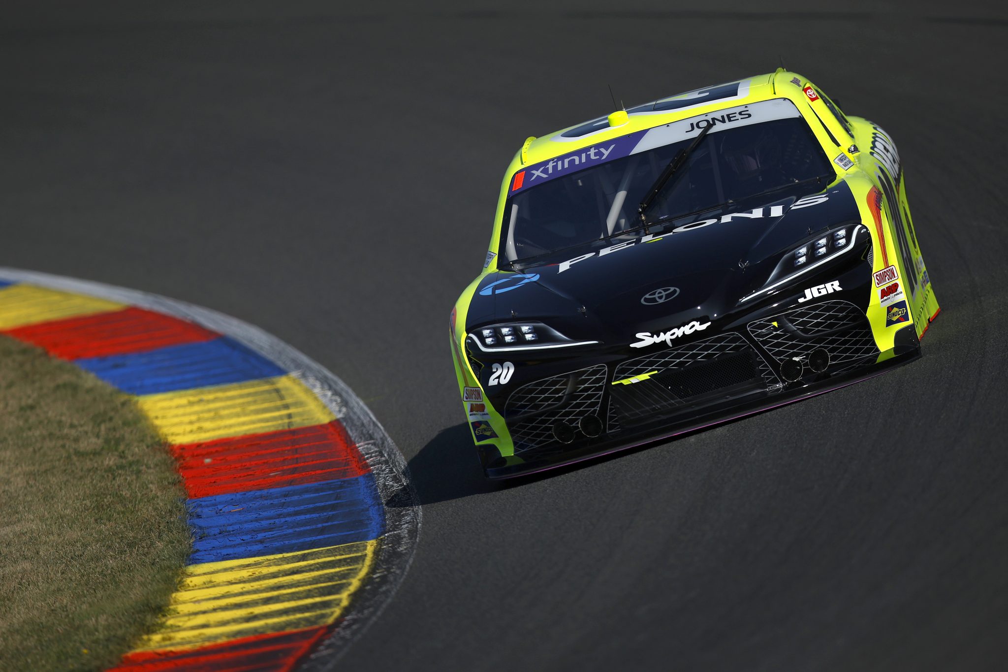 WATKINS GLEN, NEW YORK - AUGUST 09: Brandon Jones, driver of the #20 Menards/Pelonis Toyota, drives during practice for the NASCAR Xfinity Series Mission 200 at The Glen at Watkins Glen International on August 09, 2025 in Watkins Glen, New York. (Photo by Sean Gardner/Getty Images) | Getty Images
