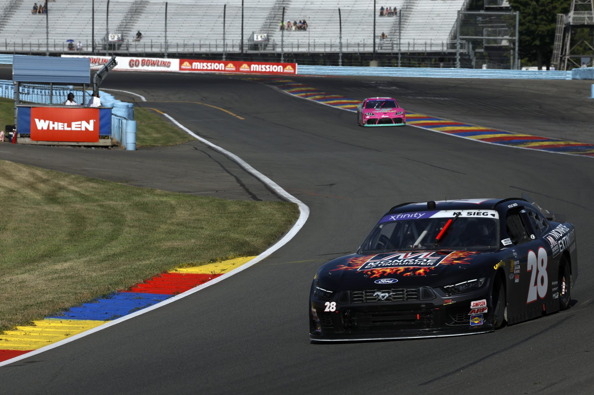 WATKINS GLEN, NEW YORK - AUGUST 09: Kyle Sieg, driver of the #28 Monroe Extinguisher Ford, drives during practice for the NASCAR Xfinity Series Mission 200 at The Glen at Watkins Glen International on August 09, 2025 in Watkins Glen, New York. (Photo by Sean Gardner/Getty Images) | Getty Images