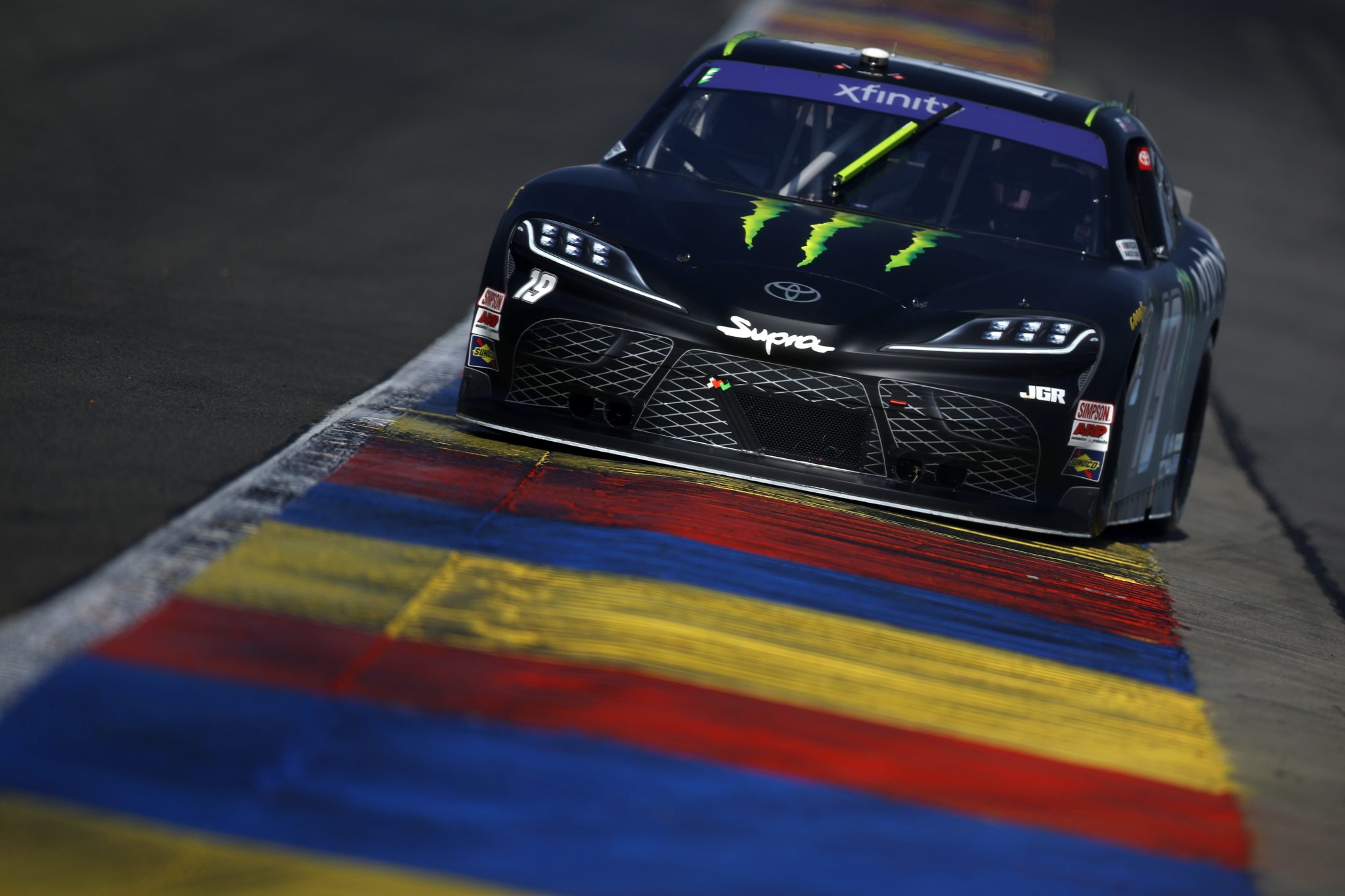 WATKINS GLEN, NEW YORK - AUGUST 09: Riley Herbst, driver of the #19 Monster Energy Toyota, drives during practice for the NASCAR Xfinity Series Mission 200 at The Glen at Watkins Glen International on August 09, 2025 in Watkins Glen, New York. (Photo by Sean Gardner/Getty Images) | Getty Images