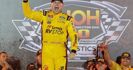 BRISTOL, TENNESSEE - SEPTEMBER 11: Layne Riggs, driver of the #34 Love's RV STOP Ford, celebrates in victory lane after winning the NASCAR Craftsman Truck Series UNOH 200 presented by Ohio Logistics at Bristol Motor Speedway on September 11, 2025 in Bristol, Tennessee. (Photo by Jonathan Bachman/Getty Images) | Getty Images