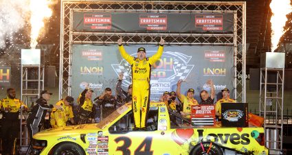 BRISTOL, TENNESSEE - SEPTEMBER 11: Layne Riggs, driver of the #34 Love's RV STOP Ford, celebrates in victory lane after winning the NASCAR Craftsman Truck Series UNOH 200 presented by Ohio Logistics at Bristol Motor Speedway on September 11, 2025 in Bristol, Tennessee. (Photo by Jonathan Bachman/Getty Images) | Getty Images