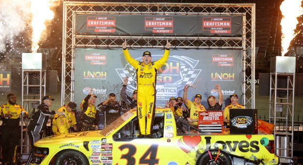 BRISTOL, TENNESSEE - SEPTEMBER 11: Layne Riggs, driver of the #34 Love's RV STOP Ford, celebrates in victory lane after winning the NASCAR Craftsman Truck Series UNOH 200 presented by Ohio Logistics at Bristol Motor Speedway on September 11, 2025 in Bristol, Tennessee. (Photo by Jonathan Bachman/Getty Images) | Getty Images