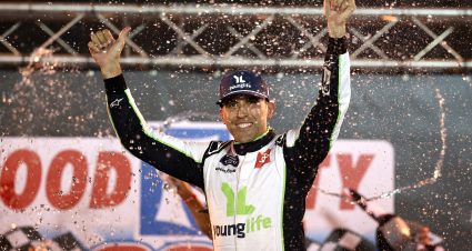 BRISTOL, TENNESSEE - SEPTEMBER 12: Aric Almirola, driver of the #19 Young Life Toyota, celebrates in victory lane after winning the NASCAR Xfinity Series Food City 300 at Bristol Motor Speedway on September 12, 2025 in Bristol, Tennessee. (Photo by Jared C. Tilton/Getty Images) | Getty Images