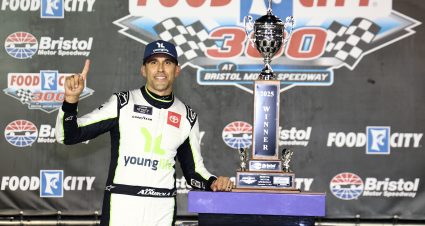 BRISTOL, TENNESSEE - SEPTEMBER 12: Aric Almirola, driver of the #19 Young Life Toyota, celebrates in victory lane after winning the NASCAR Xfinity Series Food City 300 at Bristol Motor Speedway on September 12, 2025 in Bristol, Tennessee. (Photo by Jared C. Tilton/Getty Images) | Getty Images