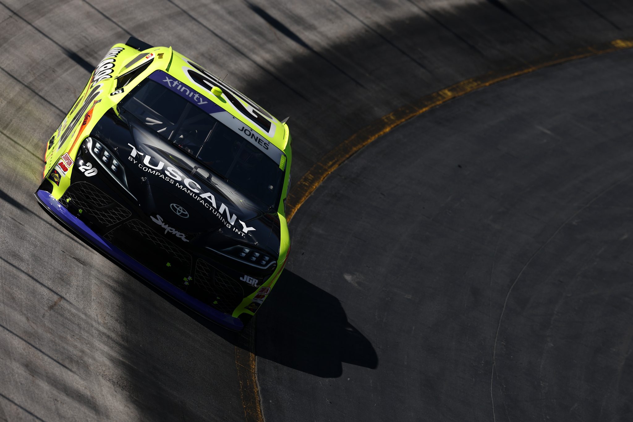 BRISTOL, TENNESSEE - SEPTEMBER 12: Brandon Jones, driver of the #20 Menards/Tuscany Toyota, drives during practice for the NASCAR Xfinity Series Food City 300 at Bristol Motor Speedway on September 12, 2025 in Bristol, Tennessee. (Photo by Jared C. Tilton/Getty Images) | Getty Images