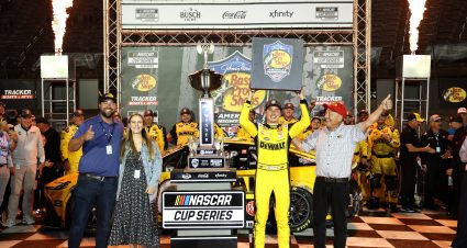 BRISTOL, TENNESSEE - SEPTEMBER 13: Christopher Bell, driver of the #20 DEWALT Toyota, poses with the winner sticker on his car in victory lane after winning the NASCAR Cup Series Bass Pro Shops Night Race at Bristol Motor Speedway on September 13, 2025 in Bristol, Tennessee. (Photo by Jared C. Tilton/Getty Images) | Getty Images