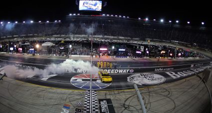 BRISTOL, TENNESSEE - SEPTEMBER 13: Christopher Bell, driver of the #20 DEWALT Toyota, celebrates with a burnout after winning the NASCAR Cup Series Bass Pro Shops Night Race at Bristol Motor Speedway on September 13, 2025 in Bristol, Tennessee. (Photo by Jonathan Bachman/Getty Images) | Getty Images