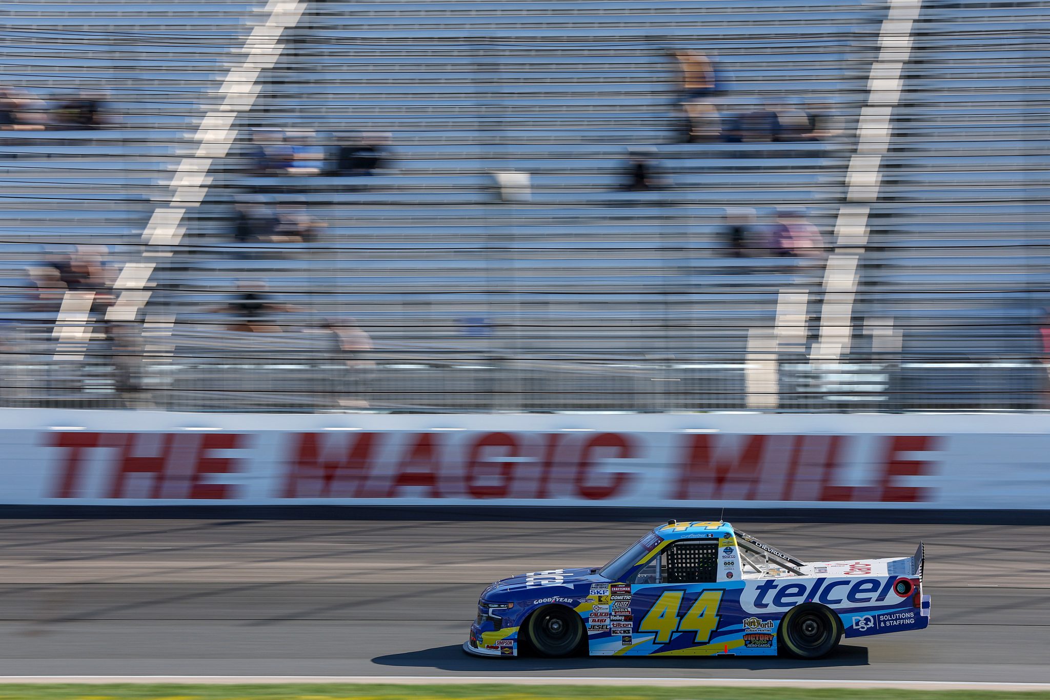LOUDON, NEW HAMPSHIRE - SEPTEMBER 19: Andres Perez De Lara , driver of the #44 Telcel Chevrolet, drives during practice for the NASCAR Craftsman Truck Series Team EJP 175 at New Hampshire Motor Speedway on September 19, 2025 in Loudon, New Hampshire. (Photo by Meg Oliphant/Getty Images) | Getty Images