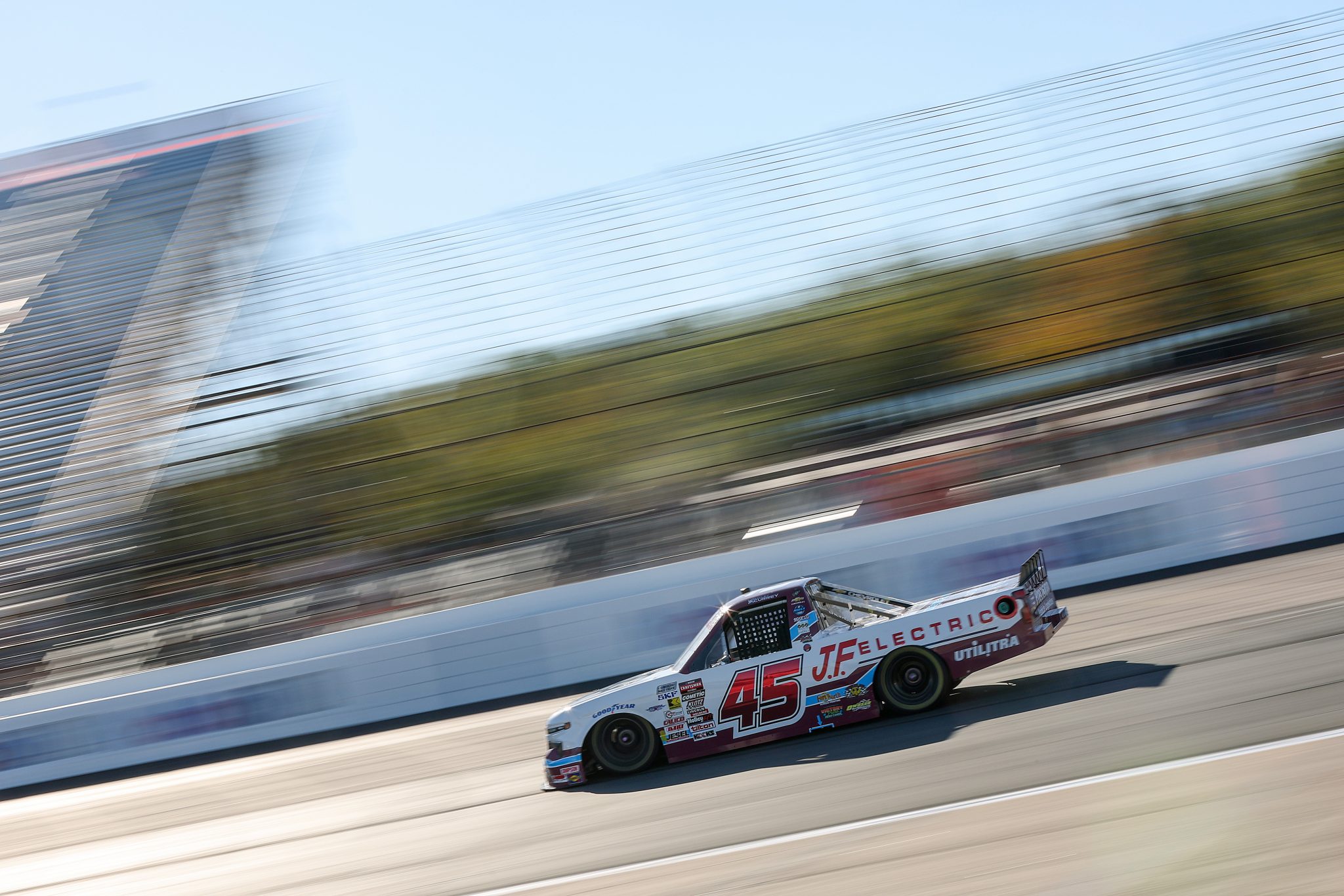 LOUDON, NEW HAMPSHIRE - SEPTEMBER 19: Bayley Currey, driver of the #45 DQS Solutions & Staffing Chevrolet, drives during practice for the NASCAR Craftsman Truck Series Team EJP 175 at New Hampshire Motor Speedway on September 19, 2025 in Loudon, New Hampshire. (Photo by Meg Oliphant/Getty Images) | Getty Images