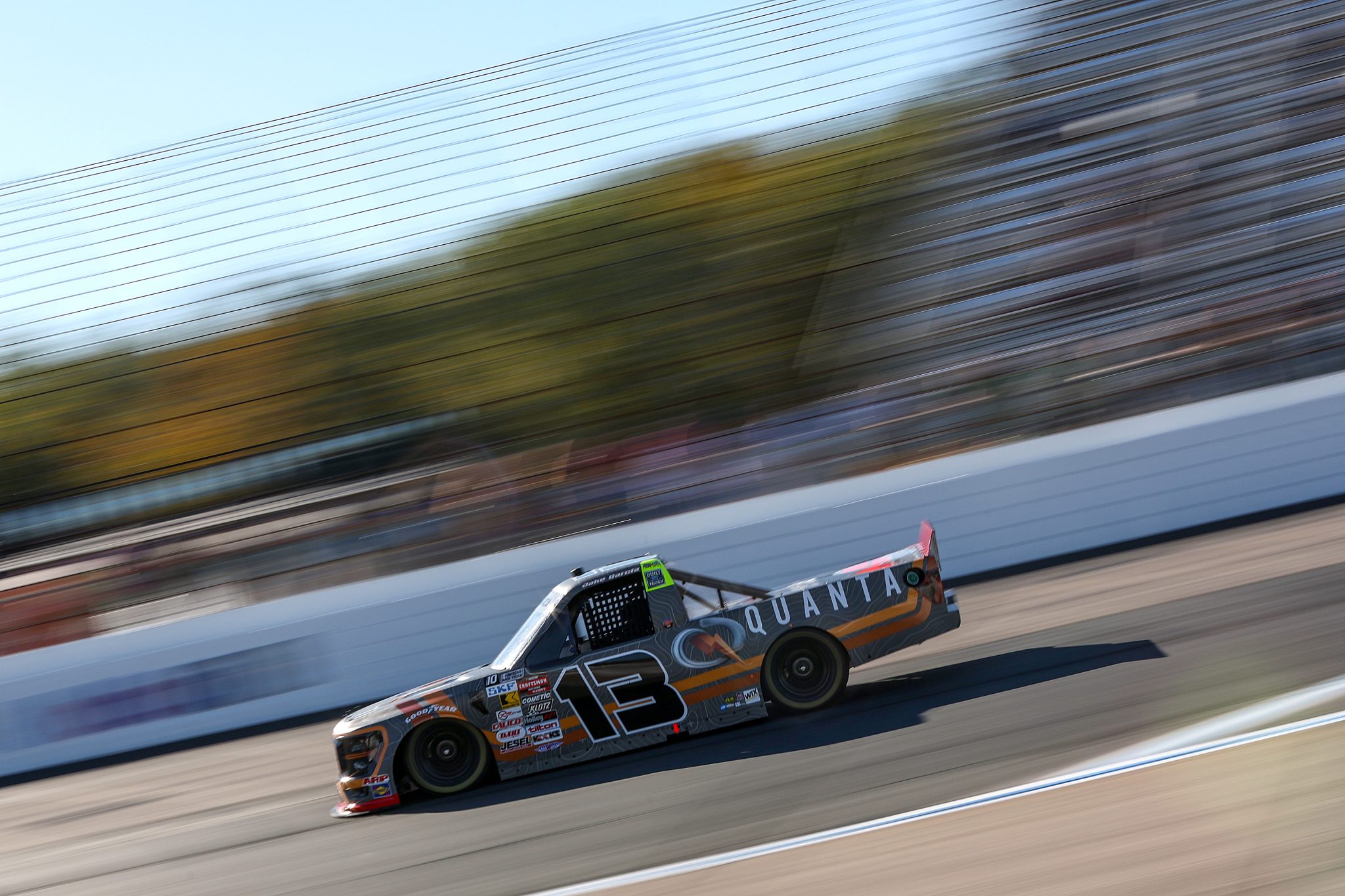 LOUDON, NEW HAMPSHIRE - SEPTEMBER 19: Jake Garcia, driver of the #13 Quanta Services Ford, drives during practice for the NASCAR Craftsman Truck Series Team EJP 175 at New Hampshire Motor Speedway on September 19, 2025 in Loudon, New Hampshire. (Photo by Meg Oliphant/Getty Images) | Getty Images
