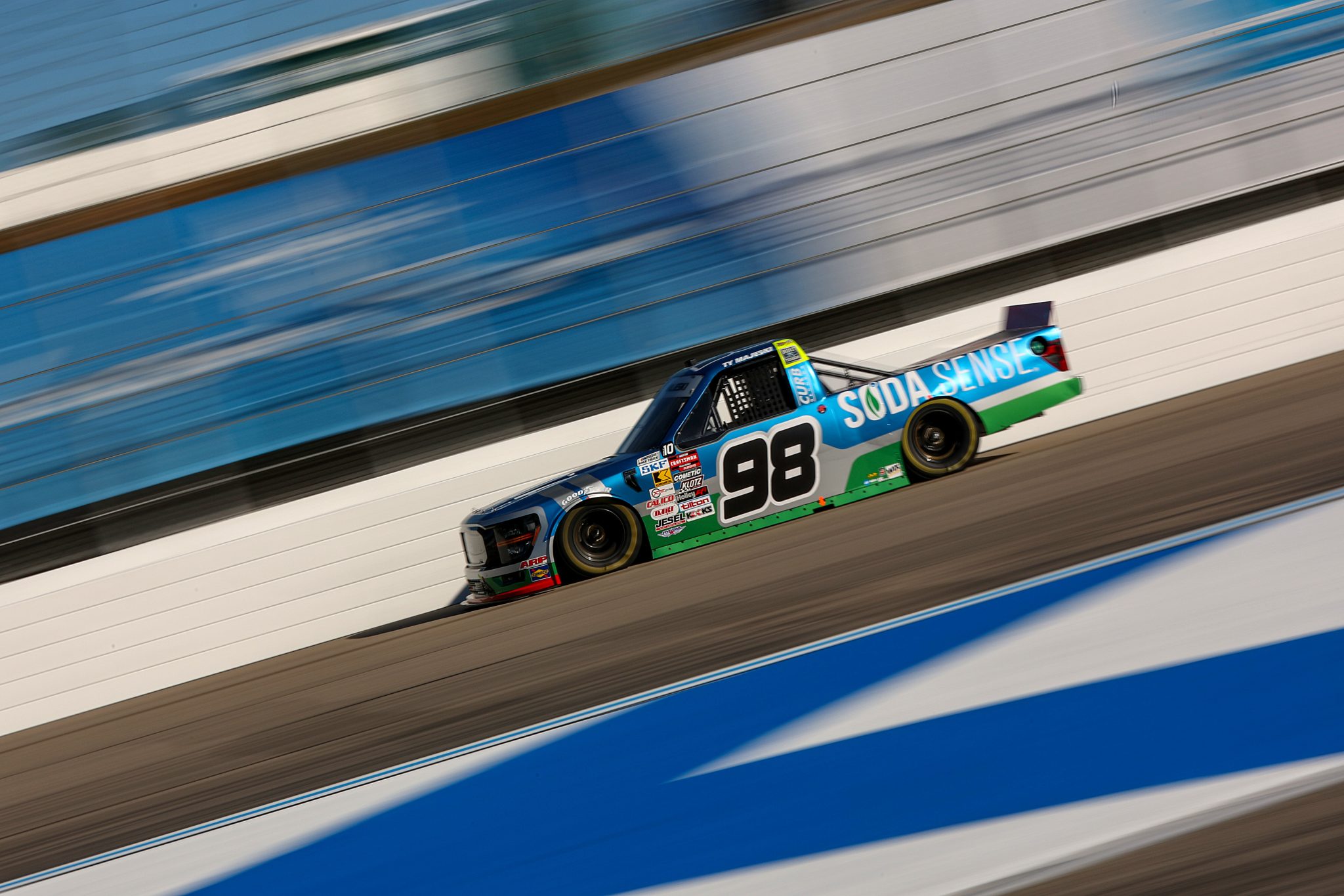 LOUDON, NEW HAMPSHIRE - SEPTEMBER 19: Ty Majeski , driver of the #98 Soda Sense/Curb Records Ford, drives during practice for the NASCAR Craftsman Truck Series Team EJP 175 at New Hampshire Motor Speedway on September 19, 2025 in Loudon, New Hampshire. (Photo by Meg Oliphant/Getty Images) | Getty Images