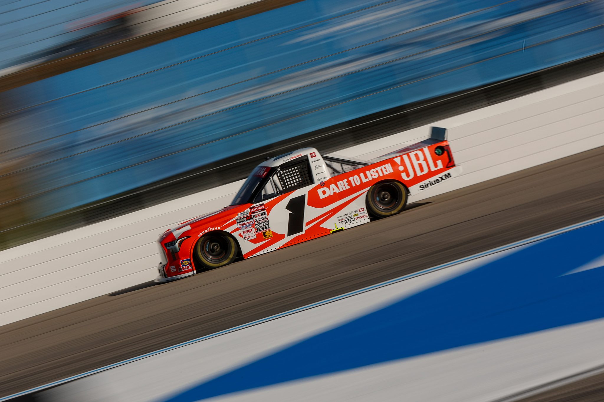 LOUDON, NEW HAMPSHIRE - SEPTEMBER 19: Brent Crews, driver of the #1 JBL Toyota, drives during practice for the NASCAR Craftsman Truck Series Team EJP 175 at New Hampshire Motor Speedway on September 19, 2025 in Loudon, New Hampshire. (Photo by Meg Oliphant/Getty Images) | Getty Images