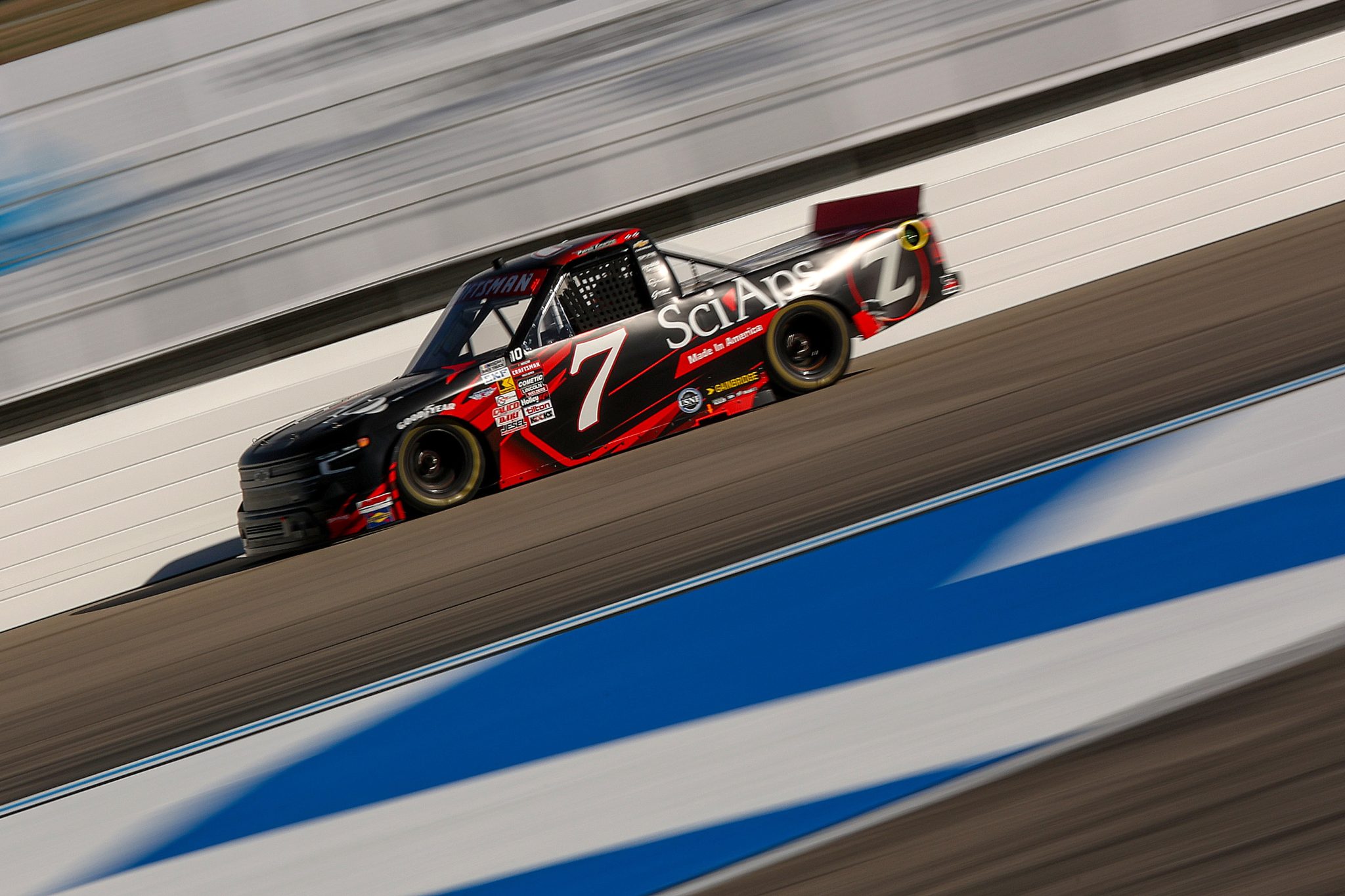 LOUDON, NEW HAMPSHIRE - SEPTEMBER 19: Patrick Emerling, driver of the #7 Sci Aps Chevrolet, drives during practice for the NASCAR Craftsman Truck Series Team EJP 175 at New Hampshire Motor Speedway on September 19, 2025 in Loudon, New Hampshire. (Photo by Meg Oliphant/Getty Images) | Getty Images