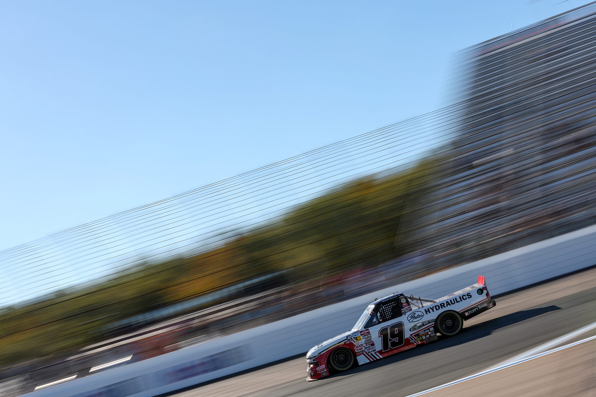 LOUDON, NEW HAMPSHIRE - SEPTEMBER 19: Daniel Hemric, driver of the #19 Gates Hydraulics Chevrolet, drives during practice for the NASCAR Craftsman Truck Series Team EJP 175 at New Hampshire Motor Speedway on September 19, 2025 in Loudon, New Hampshire. (Photo by Meg Oliphant/Getty Images) | Getty Images