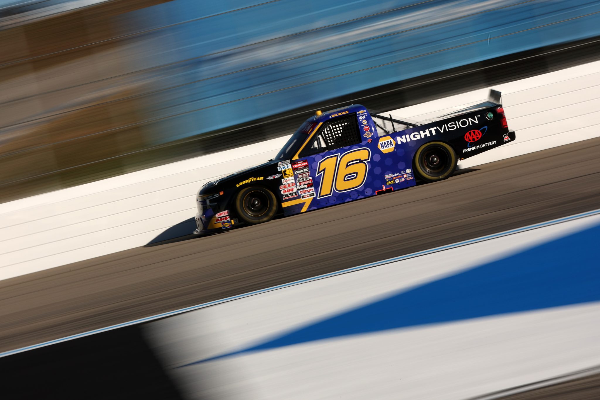 LOUDON, NEW HAMPSHIRE - SEPTEMBER 19: Christian Eckes, driver of the #16 NAPA Nightvision Chevrolet, drives during practice for the NASCAR Craftsman Truck Series Team EJP 175 at New Hampshire Motor Speedway on September 19, 2025 in Loudon, New Hampshire. (Photo by Meg Oliphant/Getty Images) | Getty Images
